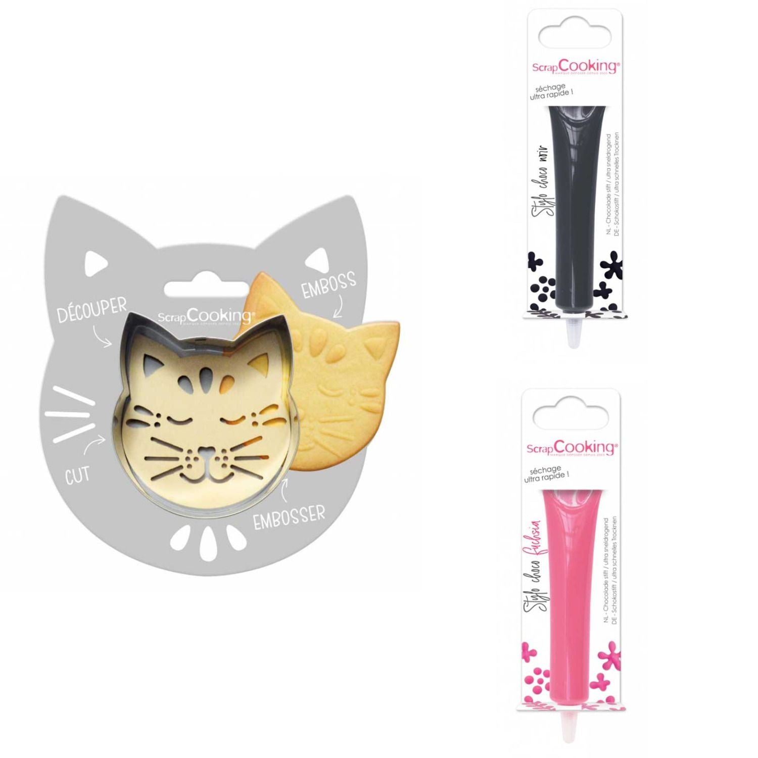 Kit pour biscuit en relief Chat + 2 Stylos au chocolat noir et fuchsia Scrapcooking - Mathon