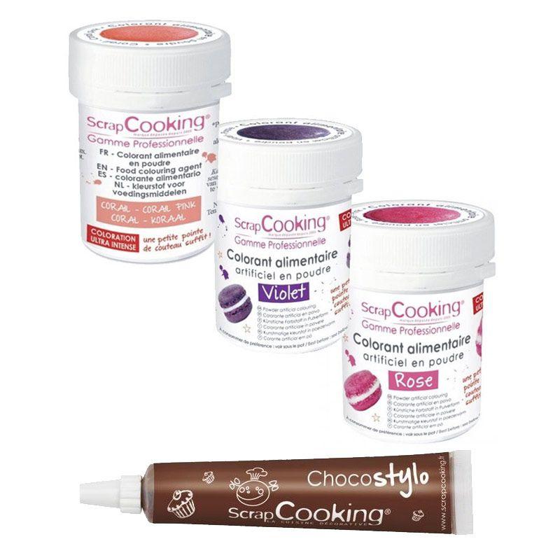 Kit de colorants alimentaires Rose-violet-corail + 1 Stylo chocolat Scrapcooking - Mathon