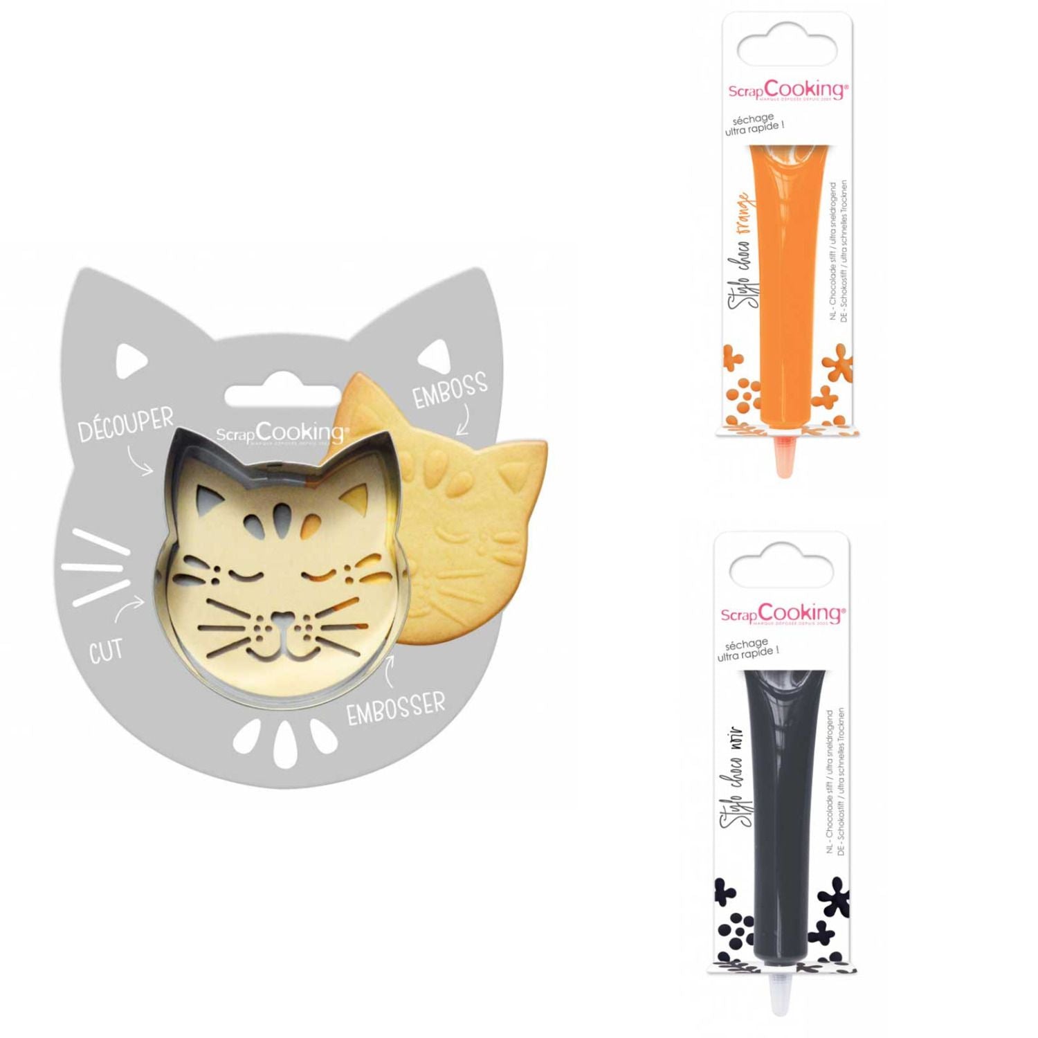 Kit pour biscuit en relief Chat + 2 Stylos au chocolat orange et noir Scrapcooking - Mathon