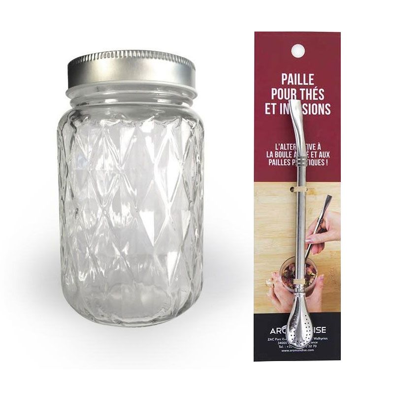 Bocal Mason Jar avec couvercle 37,5 cl diamant + paille inox avec filtre Youdoit - Mathon