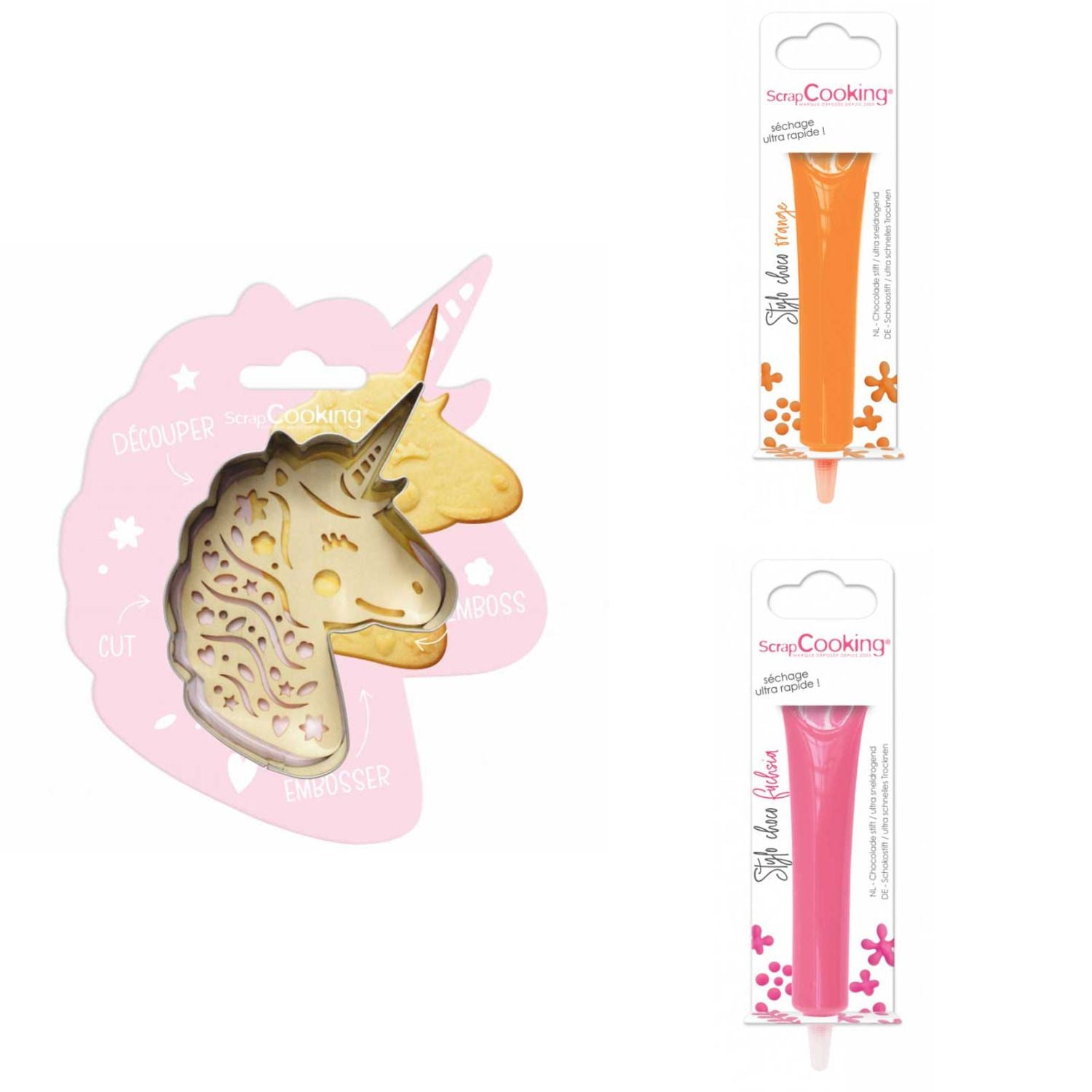 Kit pour biscuit en relief Licorne + 2 Stylos au chocolat orange et fuchsia Scrapcooking - Mathon