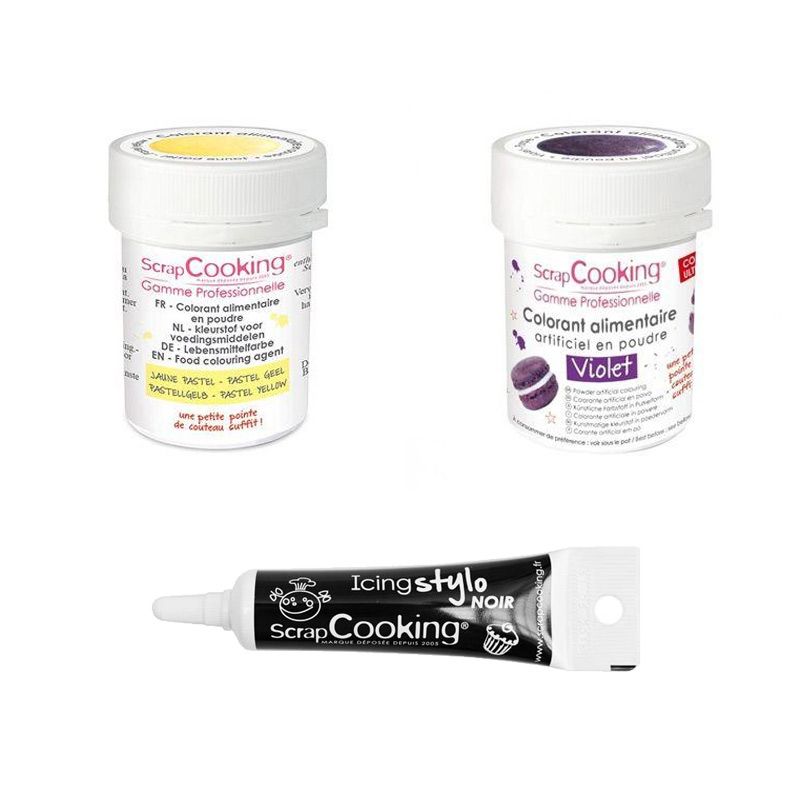2 colorants alimentaires violet-jaune pastel + Stylo glaçage noir Scrapcooking - Mathon