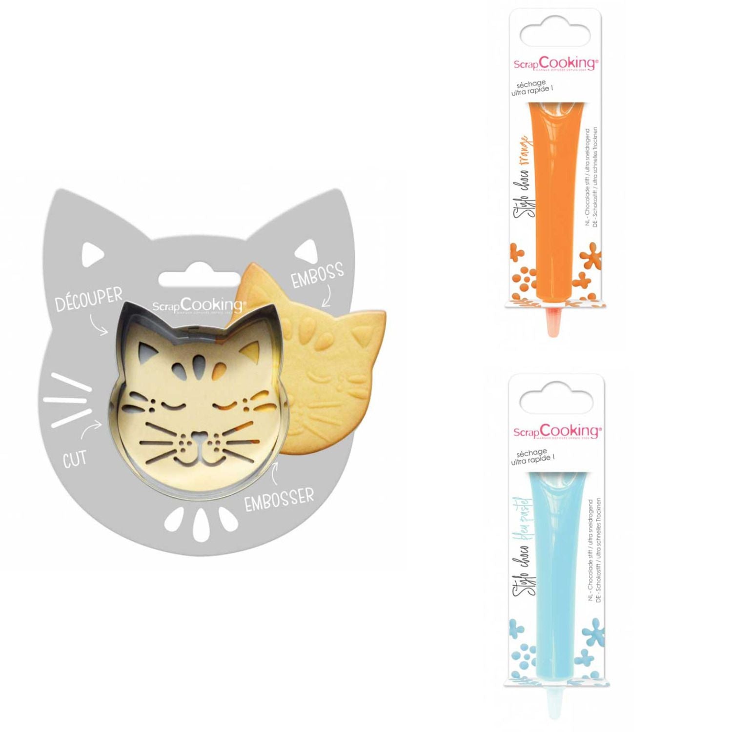 Kit pour biscuit en relief Chat + 2 Stylos au chocolat orange et bleu pastel Scrapcooking - Mathon