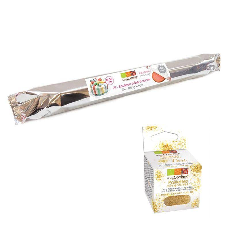 Rouleau de pâte à sucre blanche Ø 36 cm + paillettes dorées Scrapcooking - Mathon