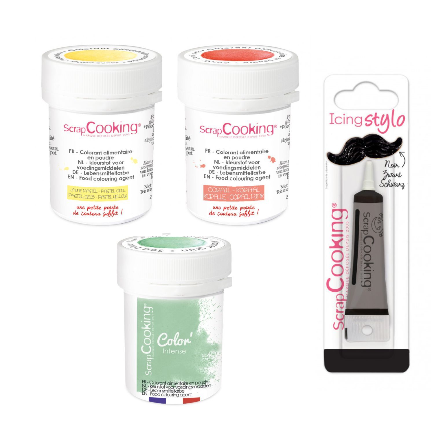 3 colorants alimentaires en poudre Corail/ jaune pastel/ vert d