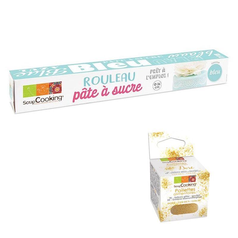 Pâte à sucre en rouleau Ø 36 cm bleue + paillettes dorées Scrapcooking - Mathon