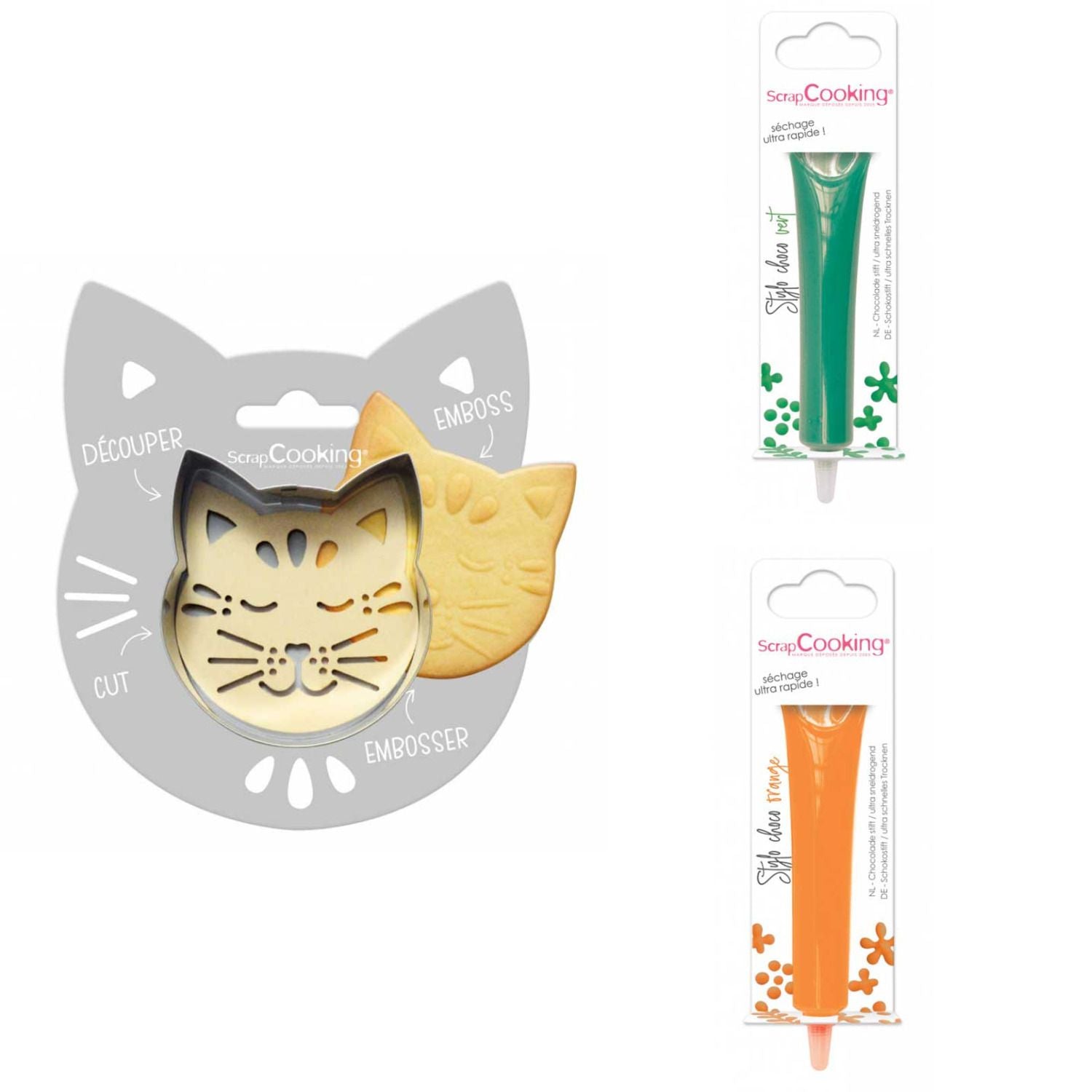 Kit pour biscuit en relief Chat + 2 Stylos au chocolat vert et orange Scrapcooking - Mathon
