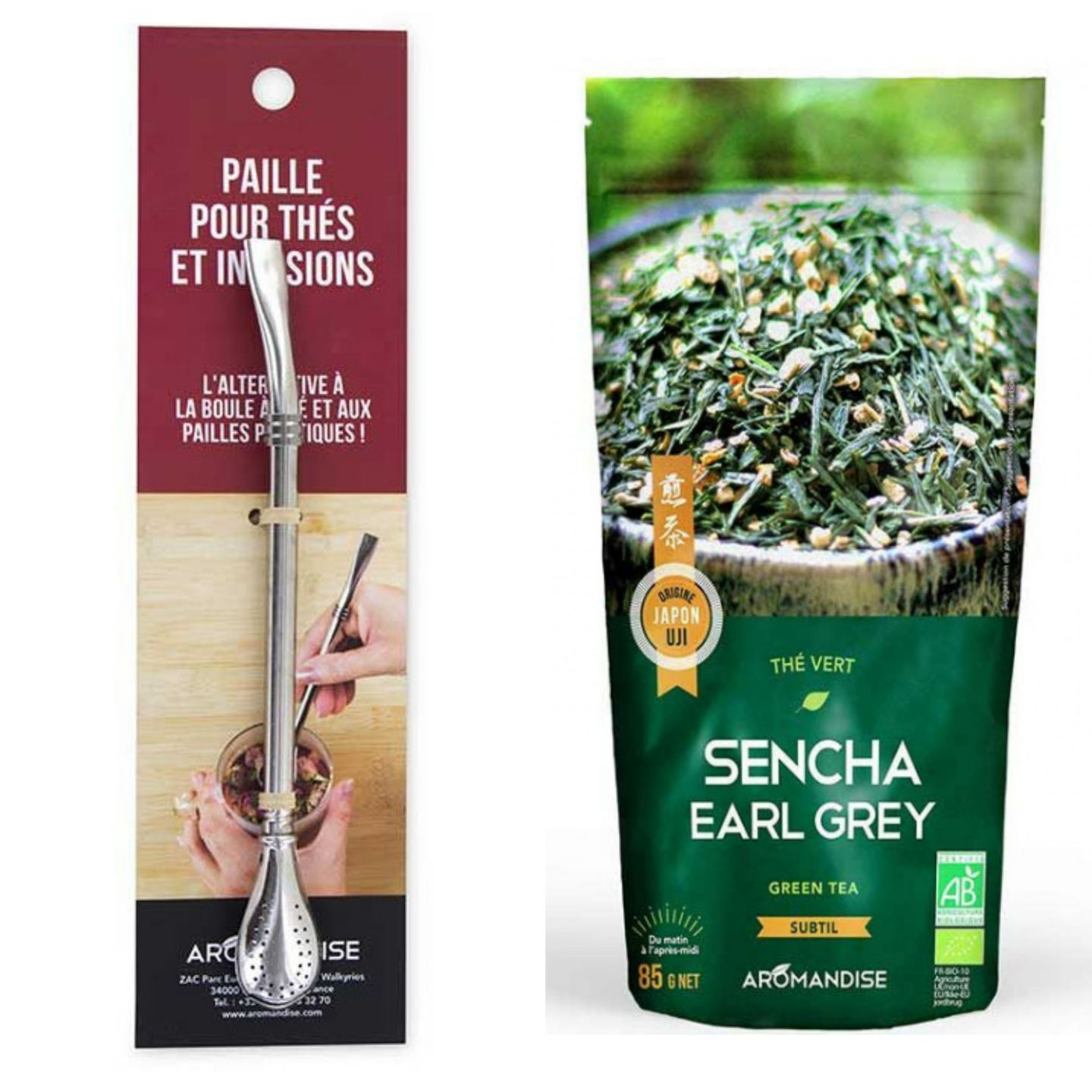 Thé Vert Bio Japonais Sencha Earl Grey 85 G + paille en inox avec filtre intégré Aromandise - Mathon