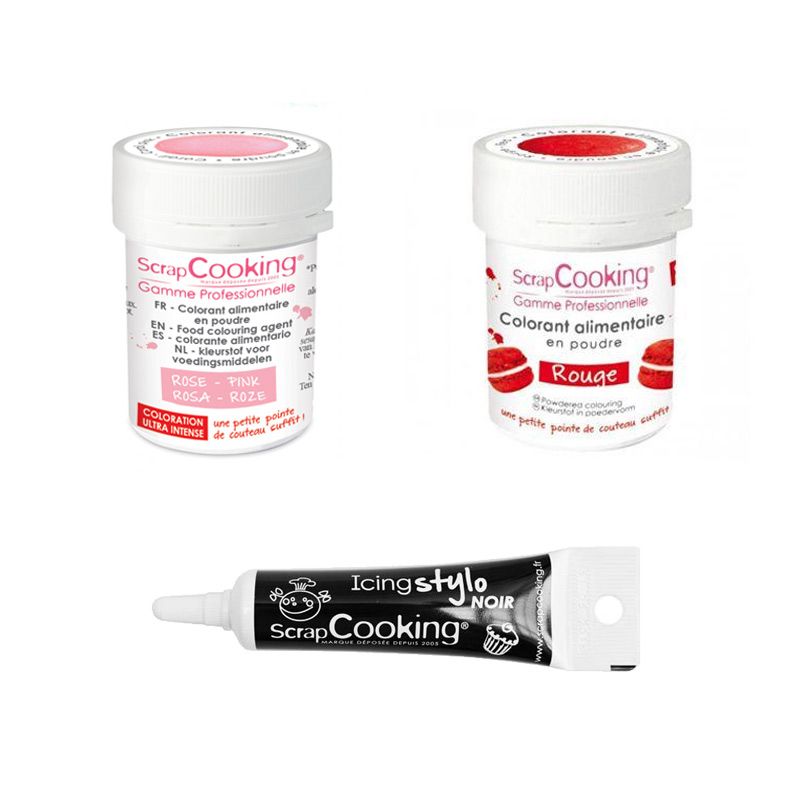 2 colorants alimentaires rose poudré-rouge + Stylo glaçage noir Scrapcooking - Mathon