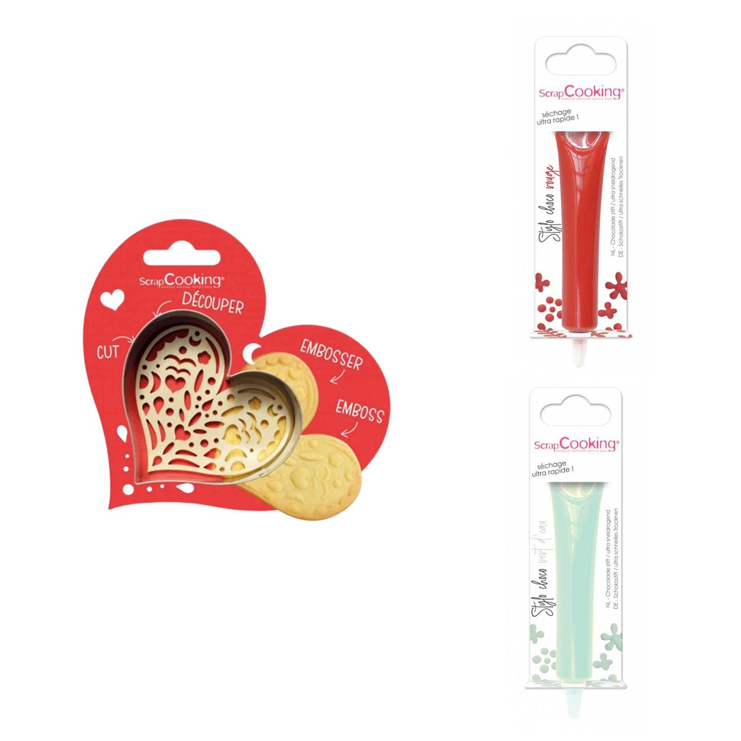 Kit pour biscuit en relief Coeur + 2 Stylos au chocolat rouge et vert d