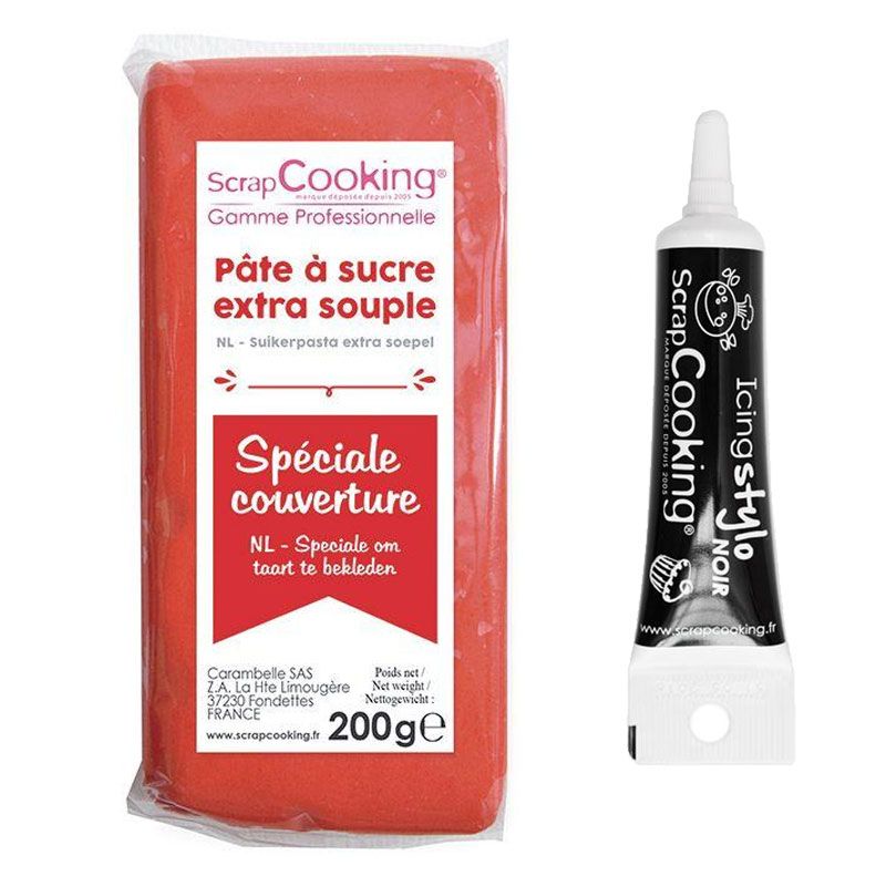 Pâte à sucre de couverture rouge 200 g + Stylo de glaçage noir Scrapcooking - Mathon