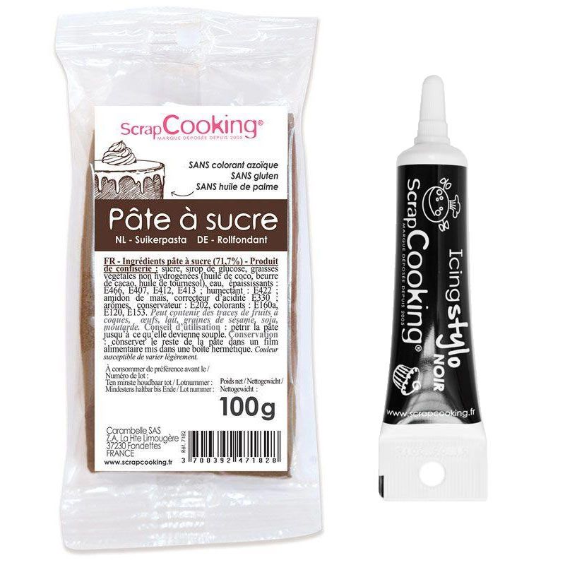 Pâte à sucre marron 100 g + Stylo de glaçage noir Scrapcooking - Mathon