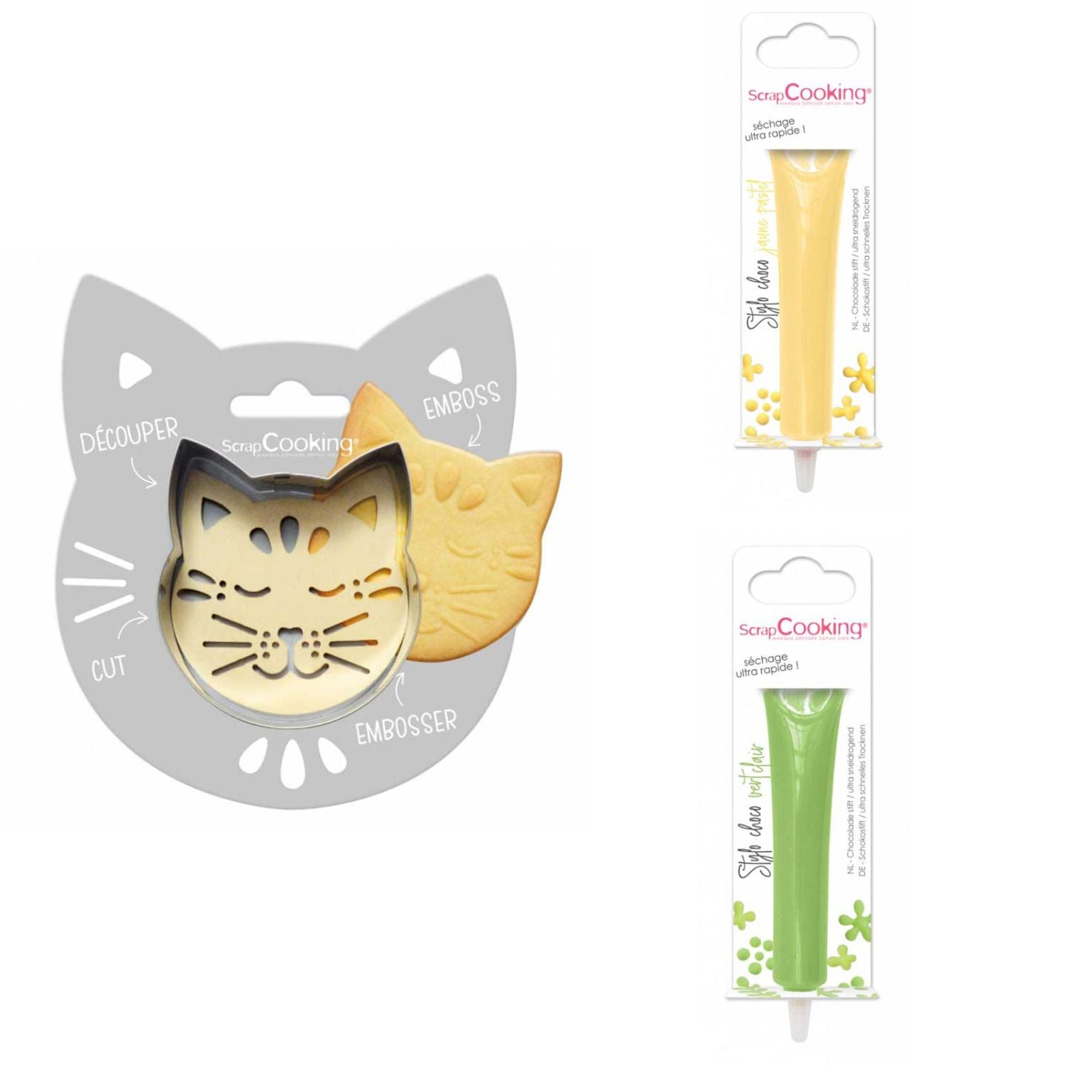 Kit pour biscuit en relief Chat + 2 Stylos au chocolat jaune pastel et vert clair Scrapcooking - Mathon