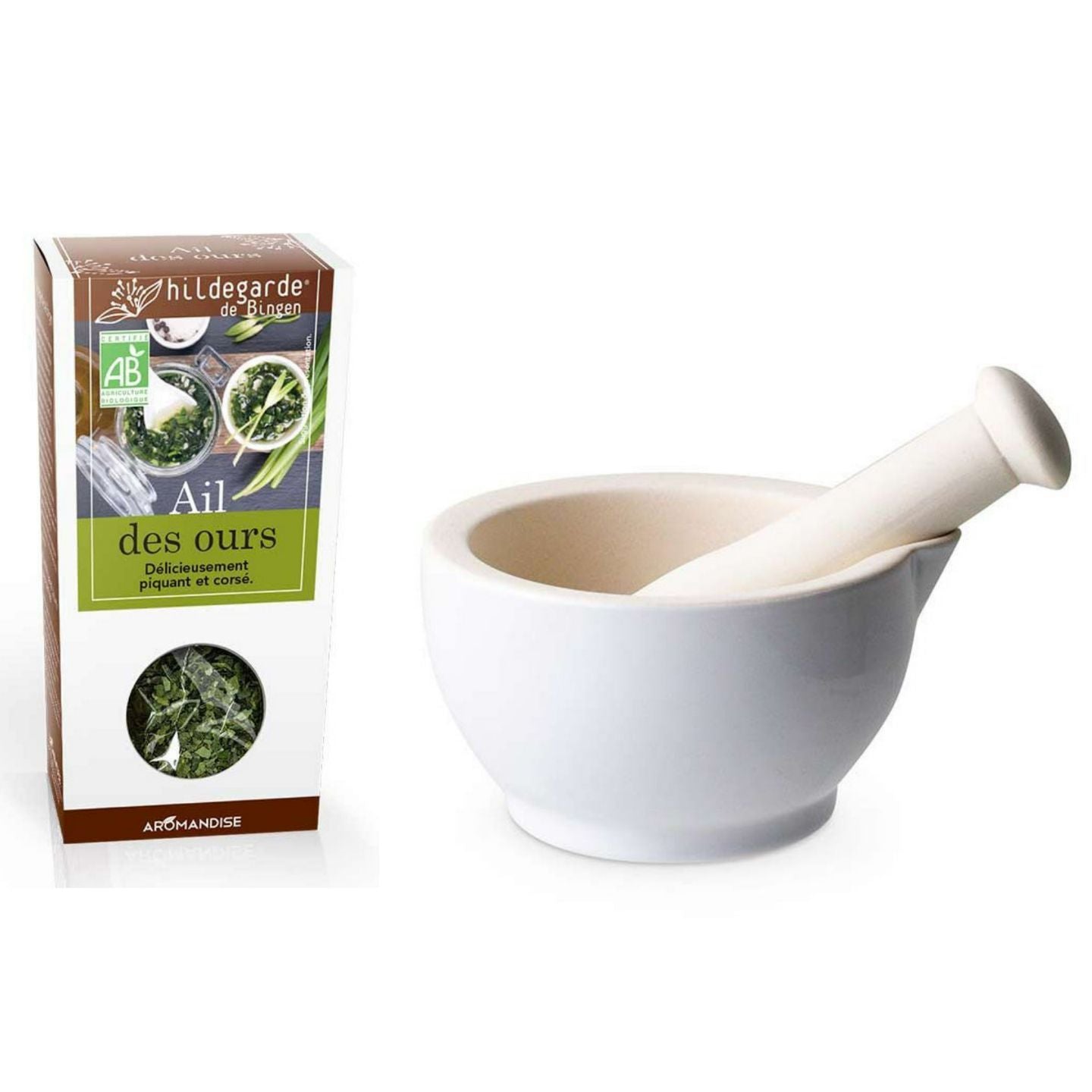 Mortier et pilon en grès blanc + Ail des ours Aromandise - Mathon