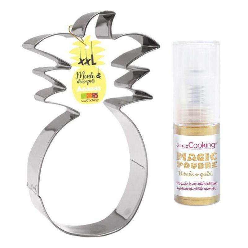 Découpoir à pâtisserie inox XXL Ananas + 1 poudre alimentaire irisée dorée Scrapcooking - Mathon