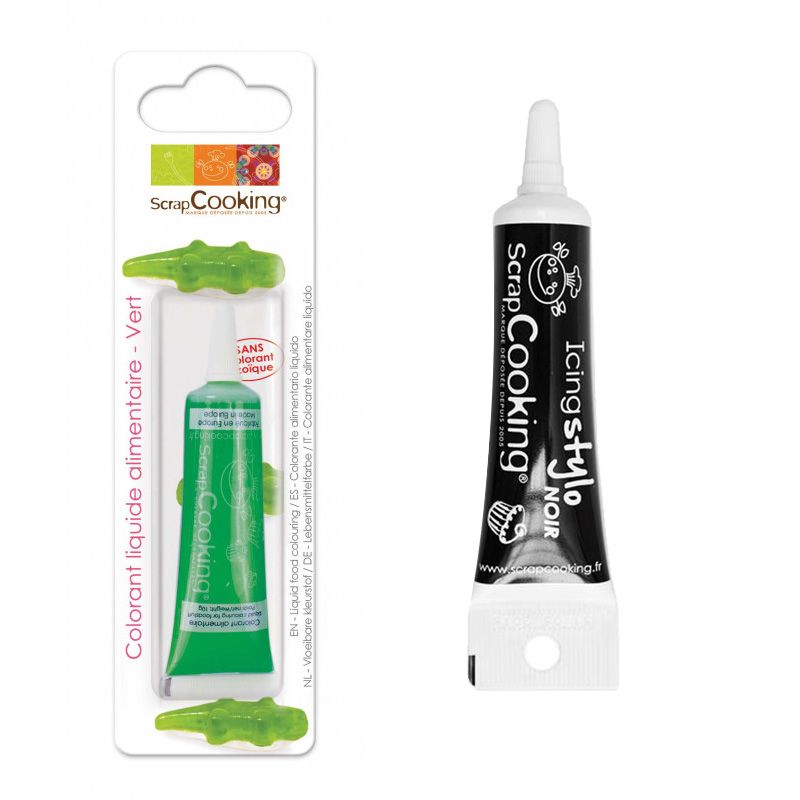 Colorant alimentaire liquide 10 g Vert + stylo glaçage noir Scrapcooking - Mathon