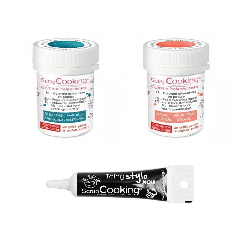 2 colorants alimentaires corail-bleu foncé + Stylo glaçage noir Scrapcooking - Mathon