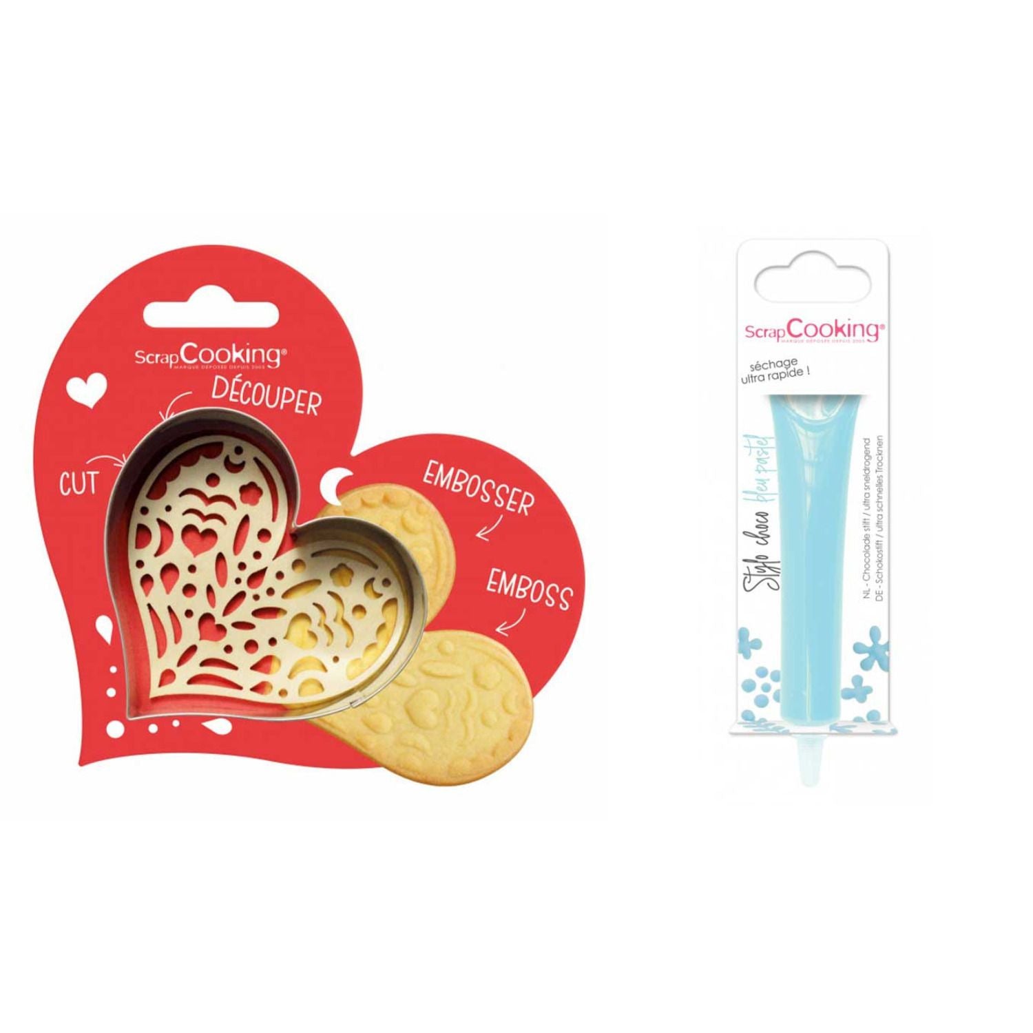 Kit pour biscuit en relief Coeur + Stylo au chocolat bleu pastel Scrapcooking - Mathon