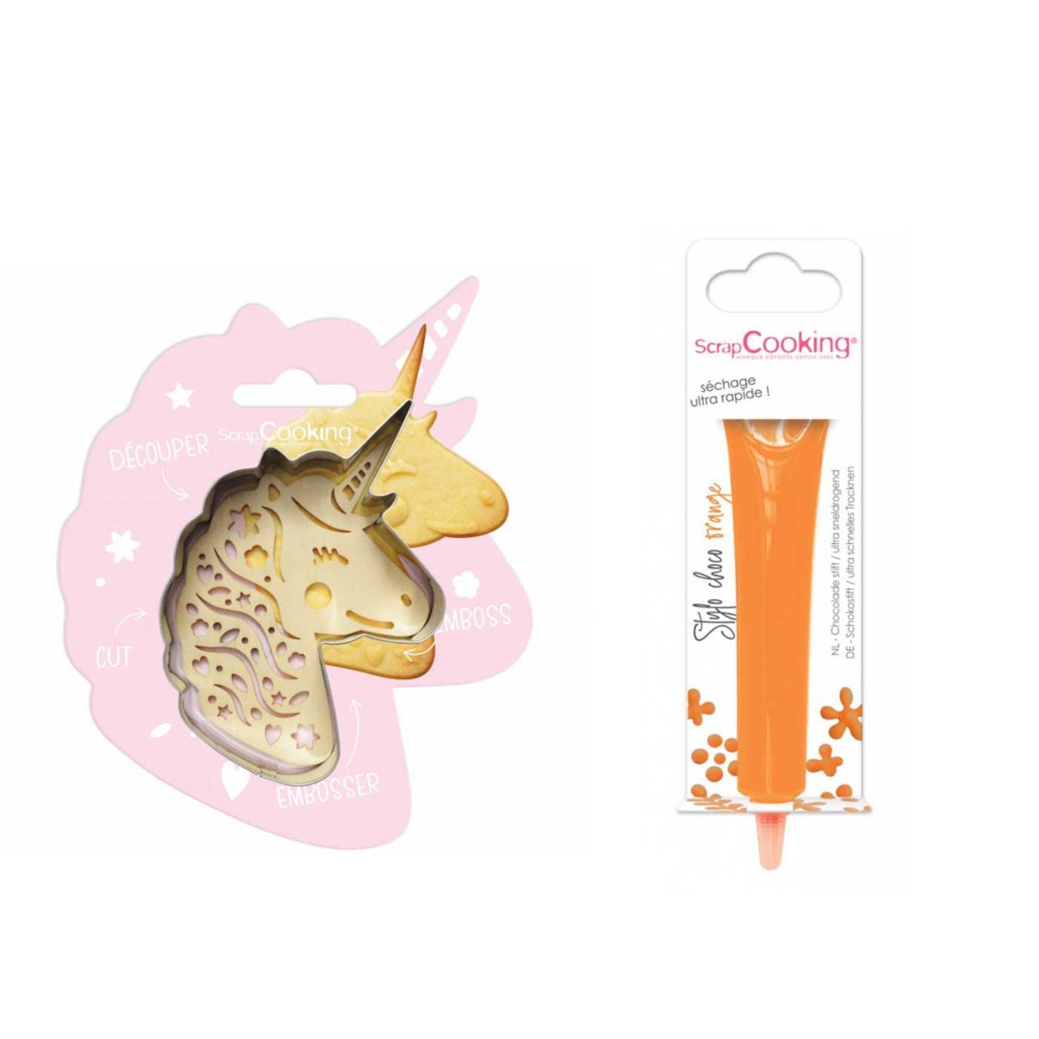 Kit pour biscuit en relief Licorne + Stylo au chocolat orange Scrapcooking - Mathon