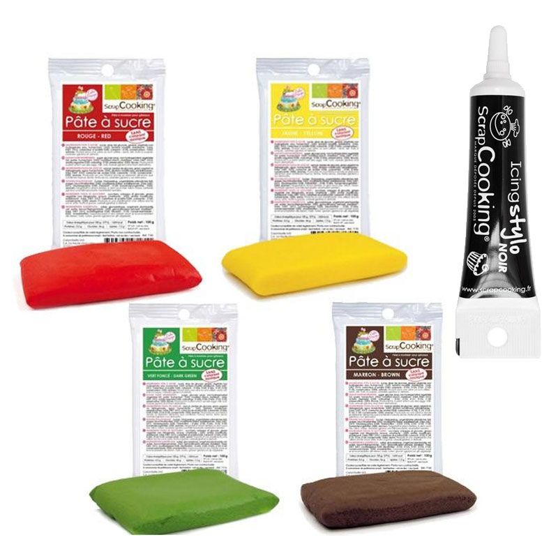 4 pâtes à sucre rouge vert marron jaune + Stylo glaçage noir Scrapcooking - Mathon