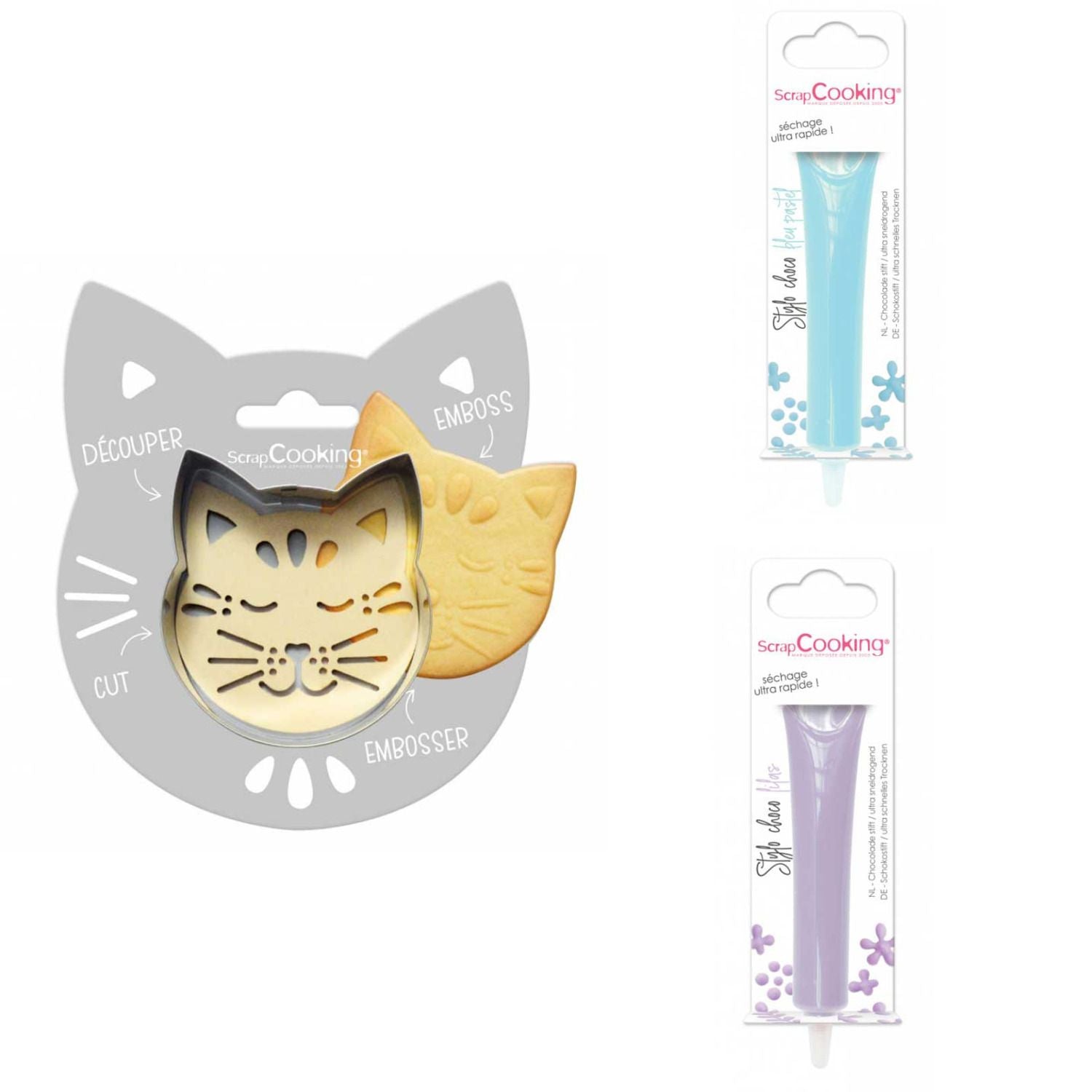 Kit pour biscuit en relief Chat + 2 Stylos au chocolat bleu pastel et lilas Scrapcooking - Mathon