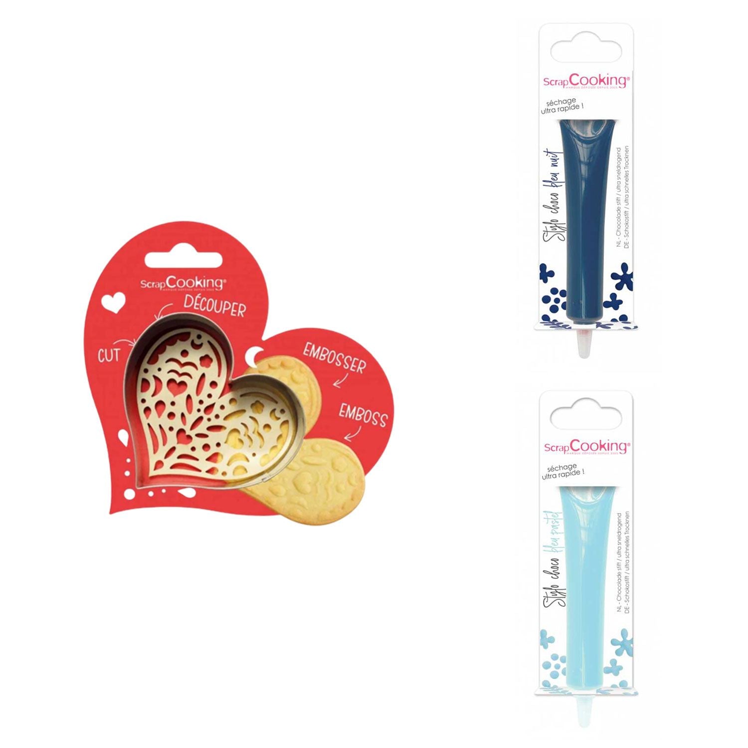 Kit pour biscuit en relief Coeur + 2 Stylos au chocolat bleu nuit et bleu pastel Scrapcooking - Mathon