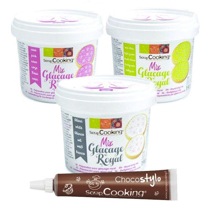 3 préparations glaçage blanc, rose et vert clair + 1 Stylo chocolat Scrapcooking - Mathon