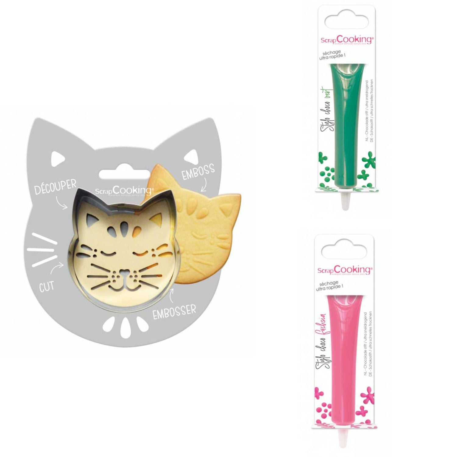 Kit pour biscuit en relief Chat + 2 Stylos au chocolat vert et fuchsia Scrapcooking - Mathon