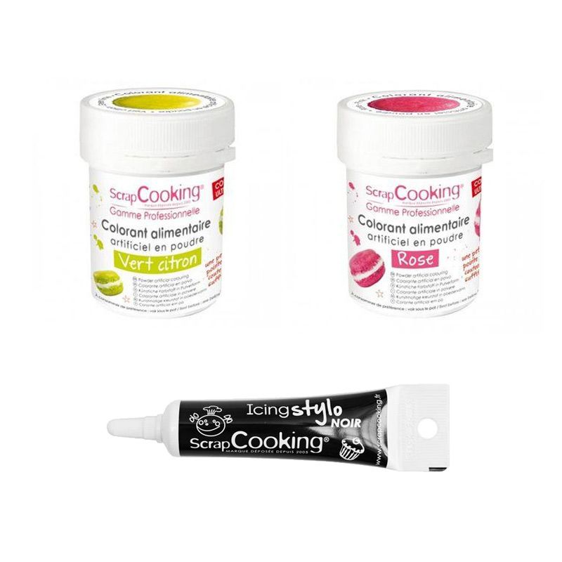 2 colorants alimentaires rose-vert citron + Stylo glaçage noir Scrapcooking - Mathon