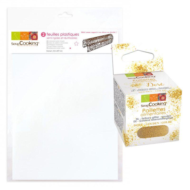 2 feuilles plastique semi-rigides à pâtisserie A4 + paillettes dorées Scrapcooking - Mathon