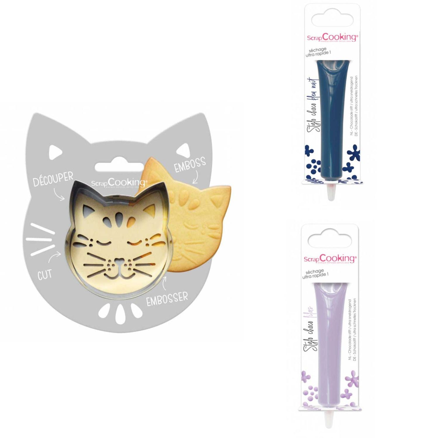 Kit pour biscuit en relief Chat + 2 Stylos au chocolat bleu nuit et lilas Scrapcooking - Mathon