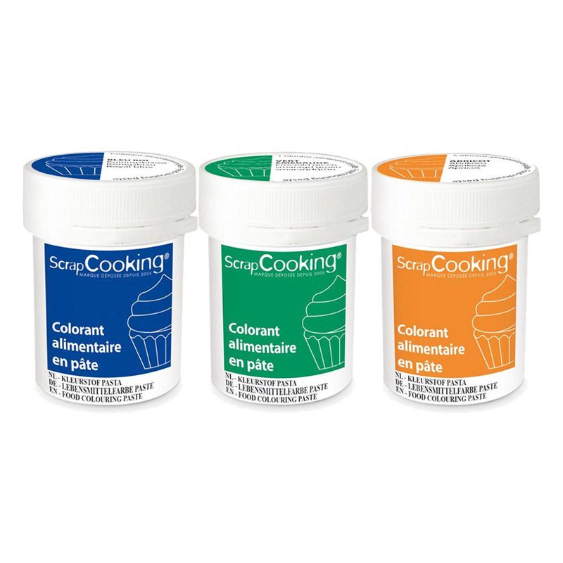 3 colorants alimentaires en pâte 20 g - abricot-émeraude-bleu roi Scrapcooking - Mathon