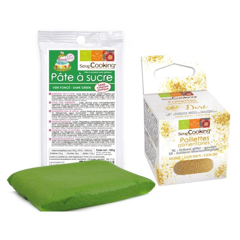 Pâte à sucre vert foncé 100 g + paillettes dorées Scrapcooking - Mathon