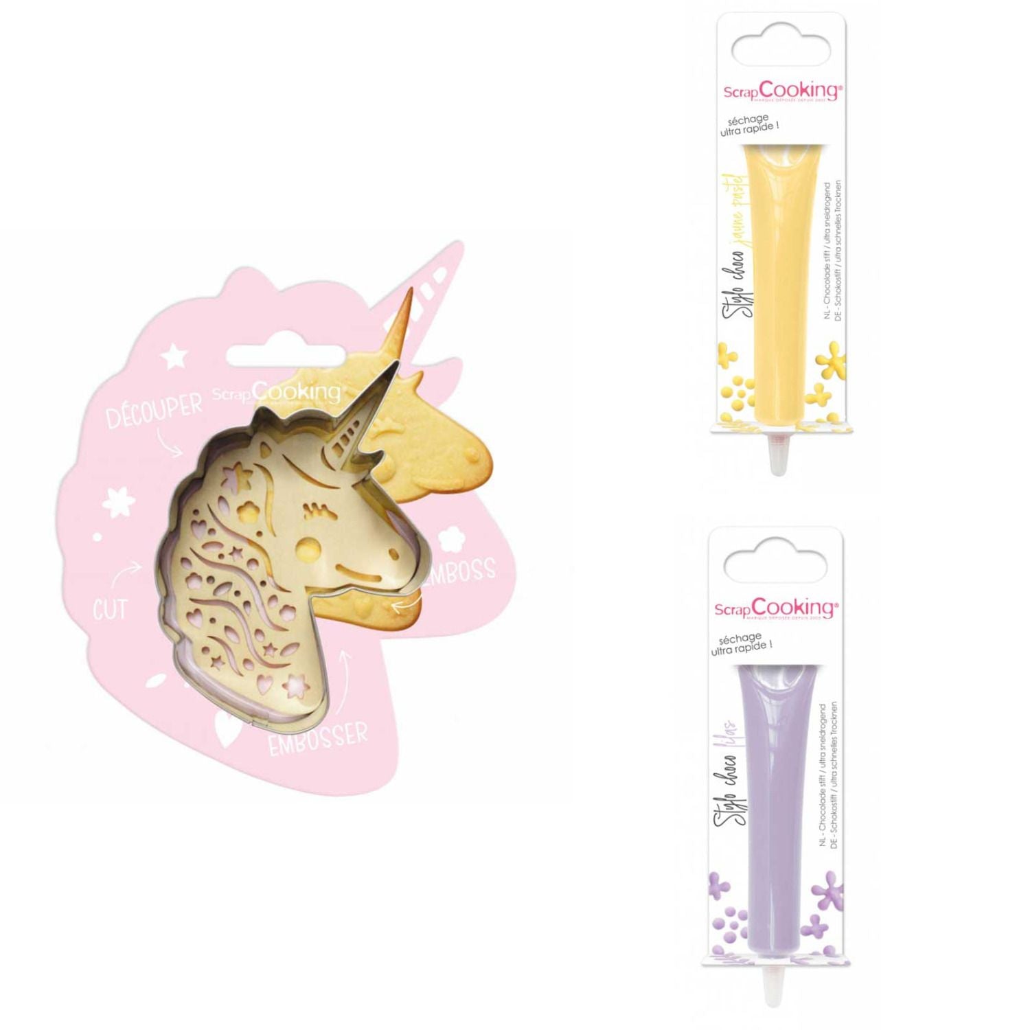 Kit pour biscuit en relief Licorne + 2 Stylos au chocolat jaune pastel et lilas Scrapcooking - Mathon