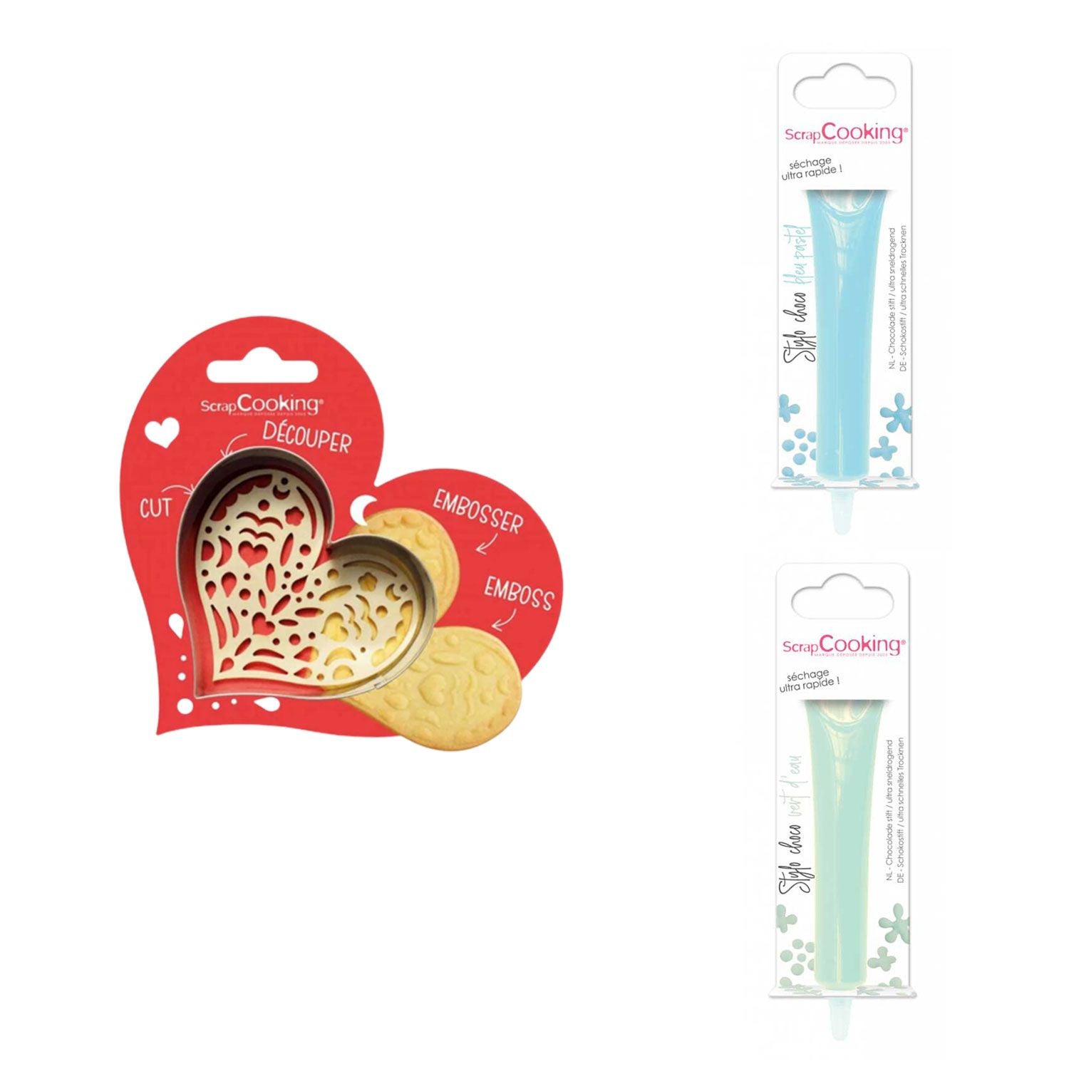 Kit pour biscuit en relief Coeur + 2 Stylos au chocolat bleu pastel et vert d