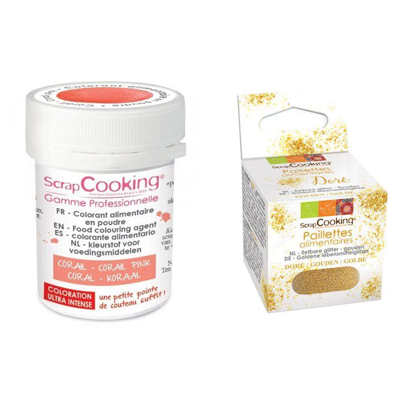 Colorant alimentaire en poudre corail + paillettes dorées Scrapcooking - Mathon