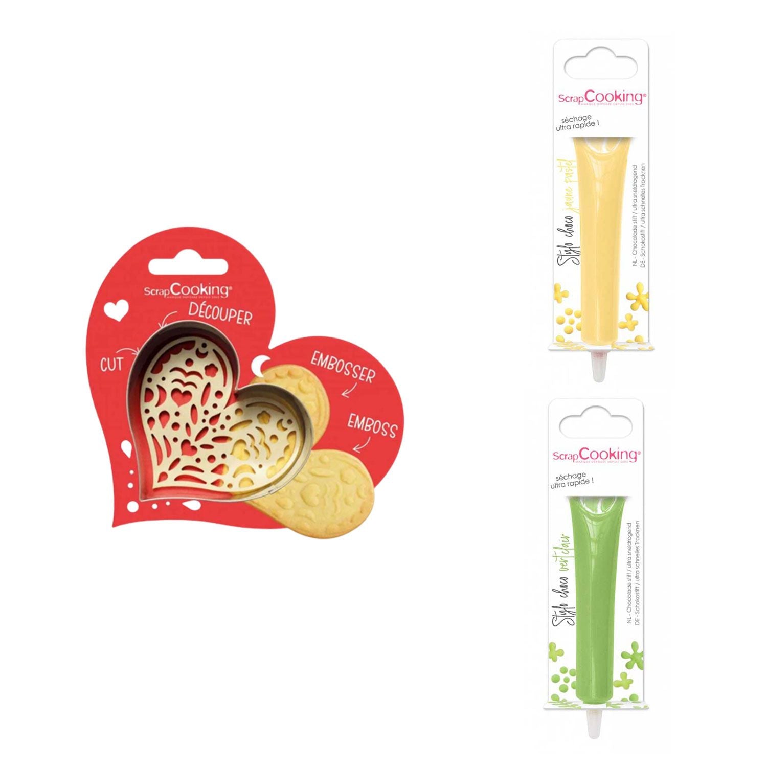 Kit pour biscuit en relief Coeur + 2 Stylos au chocolat jaune pastel et vert clair Scrapcooking - Mathon