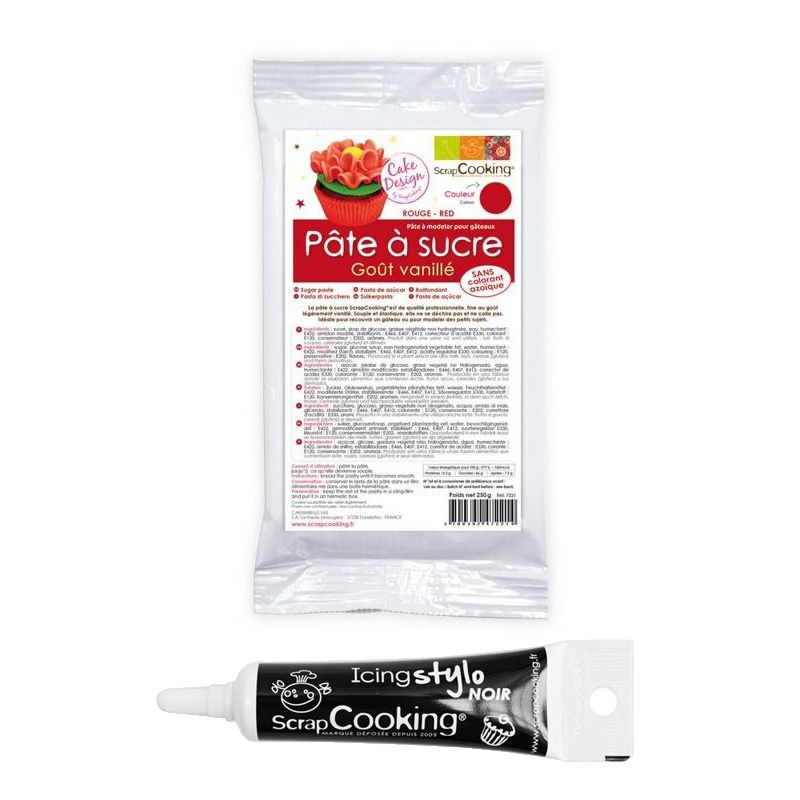 Pâte à sucre rouge 250 g + Stylo de glaçage noir Scrapcooking - Mathon