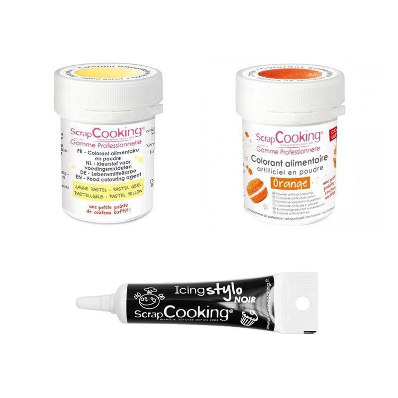 2 colorants alimentaires orange-jaune pastel + Stylo glaçage noir Scrapcooking - Mathon