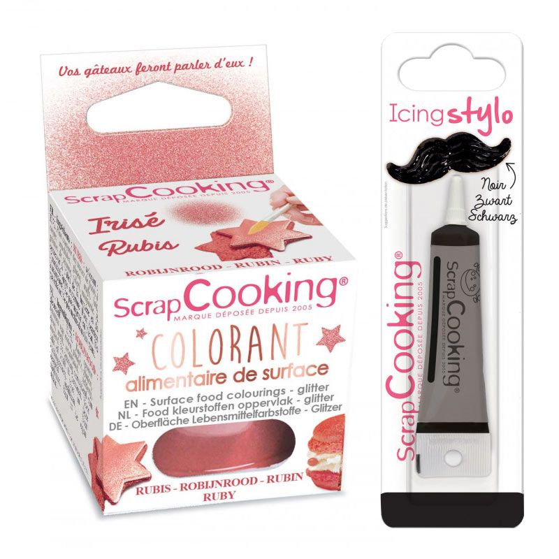 Colorant alimentaire en poudre Rubis + Stylo de glaçage noir Scrapcooking - Mathon