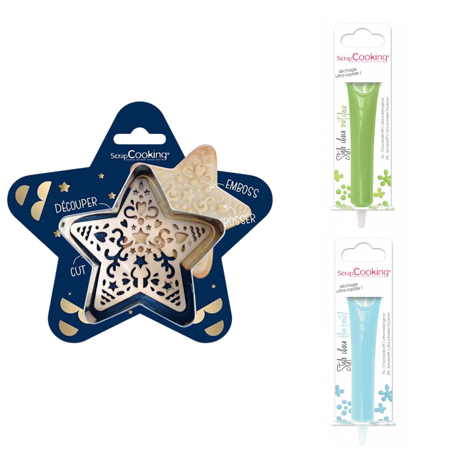 Kit pour biscuit en relief Étoile + 2 Stylos au chocolat vert clair et bleu pastel Scrapcooking - Mathon