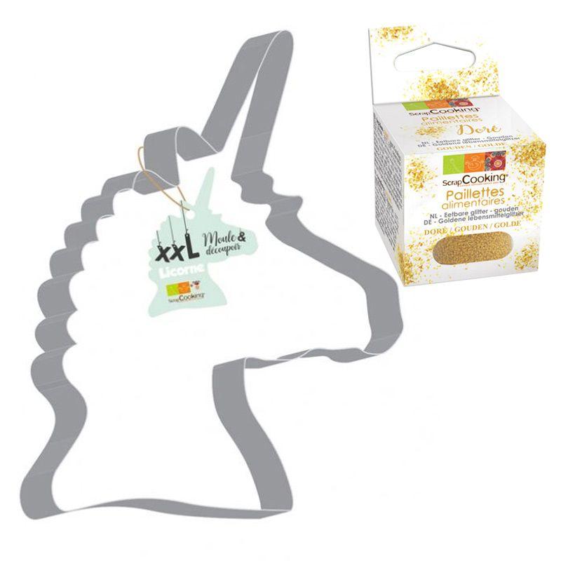 Découpoir à pâtisserie inox XXL Licorne + paillettes dorées Scrapcooking - Mathon