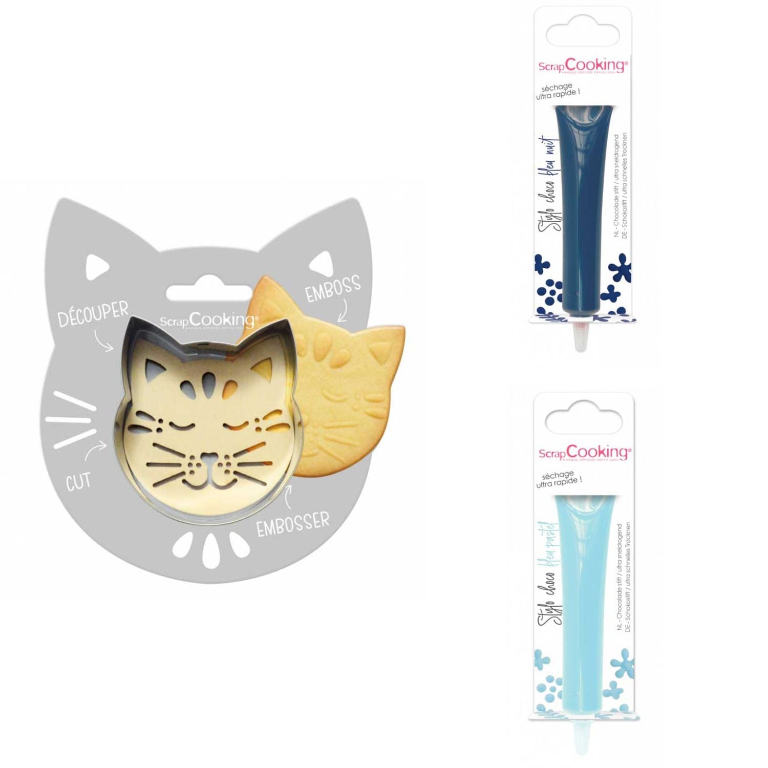 Kit pour biscuit en relief Chat + 2 Stylos au chocolat bleu nuit et bleu pastel Scrapcooking - Mathon