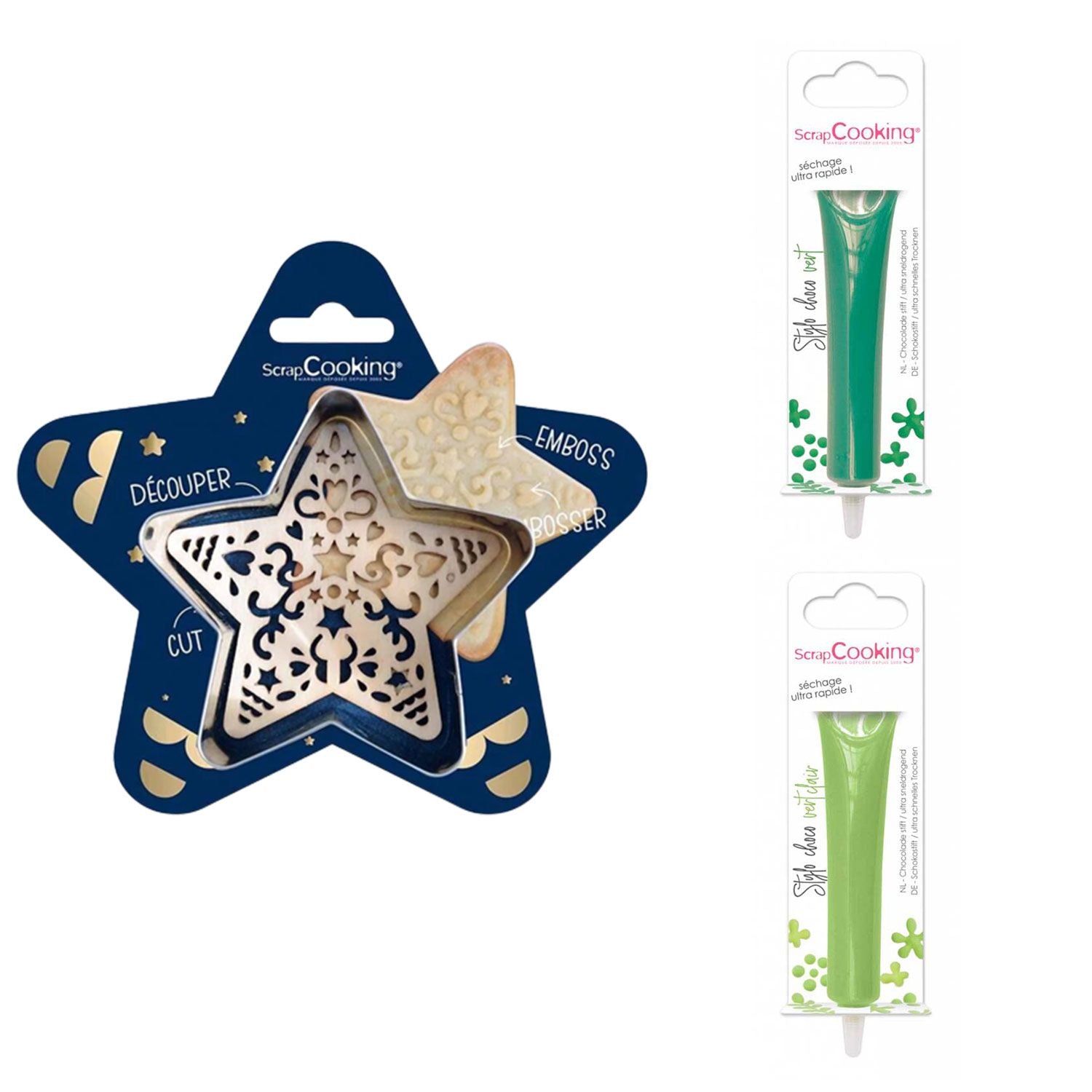 Kit pour biscuit en relief Étoile + 2 Stylos au chocolat vert et vert clair Scrapcooking - Mathon