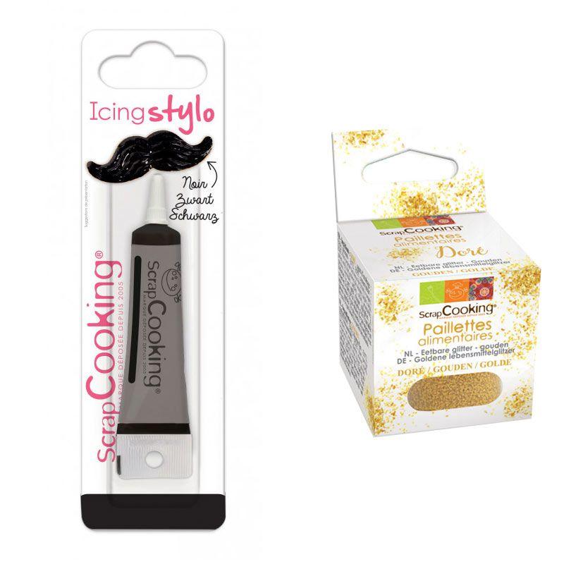 Stylo de glaçage noir + paillettes dorées Scrapcooking - Mathon