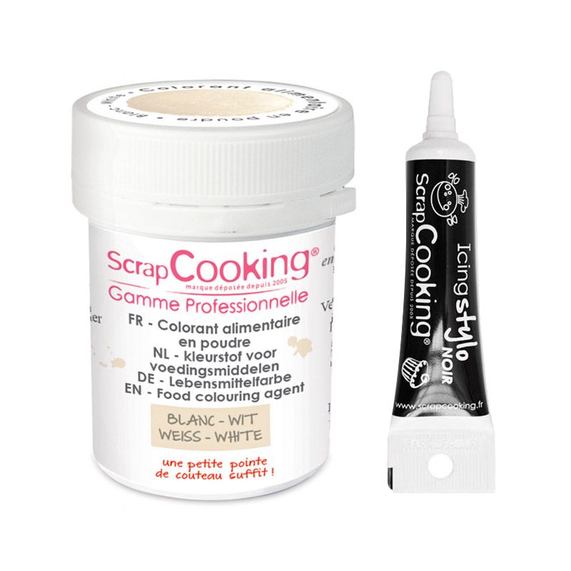 Colorant alimentaire en poudre blanc + Stylo glaçage noir Scrapcooking - Mathon