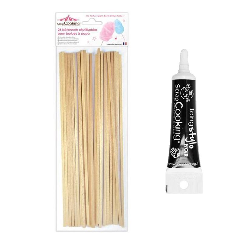 25 bâtonnets pour Barbe à papa + Stylo de glaçage noir Scrapcooking - Mathon