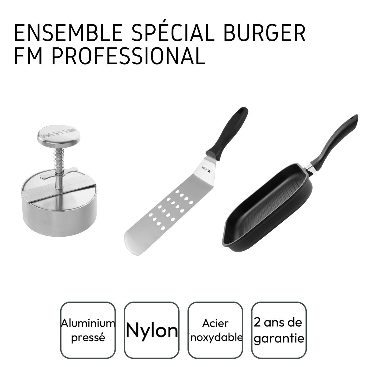Ensemble spécial burger avec presse, poêle et spatule FM Professional - Mathon - 4