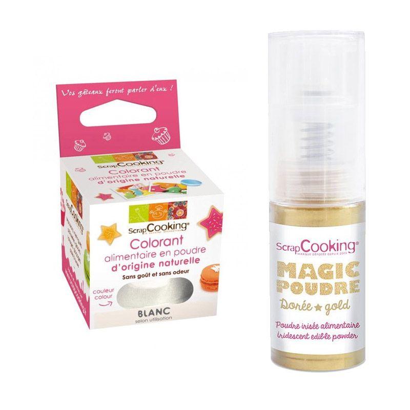 Colorant alimentaire naturel en poudre Blanc + Poudre irisée dorée Scrapcooking - Mathon
