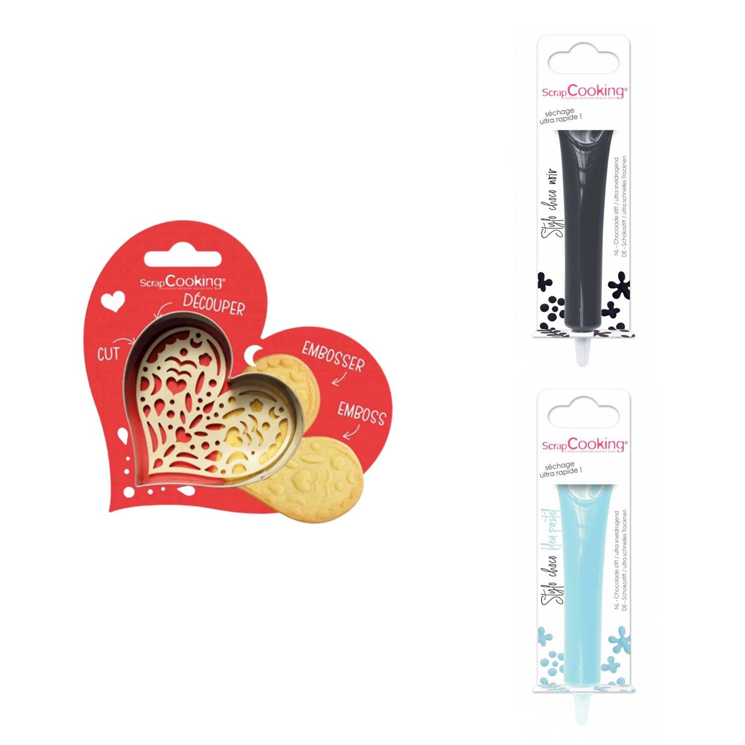 Kit pour biscuit en relief Coeur + 2 Stylos au chocolat noir et bleu pastel Scrapcooking - Mathon